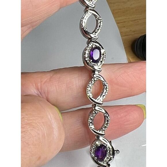 Sterling Silver Amethyst Color Bracelet with Diamond Accents Oval Cut Purple 7” - Picture 2 of 4